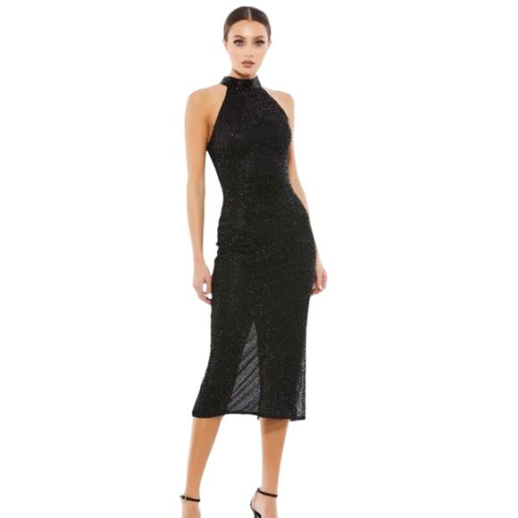 MAC DUGGAL Dress Size 0 Evening Gown Sequin Black Midi Beaded NEW High Neck - Picture 1 of 7